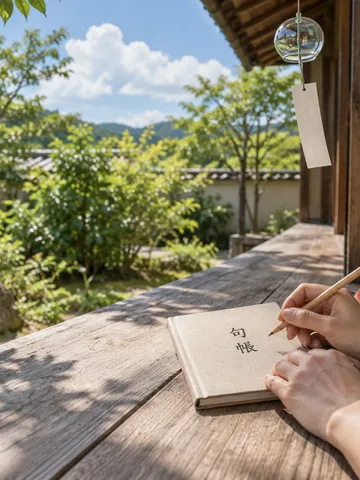 縁側で句帳を手にする夏の昼の情景