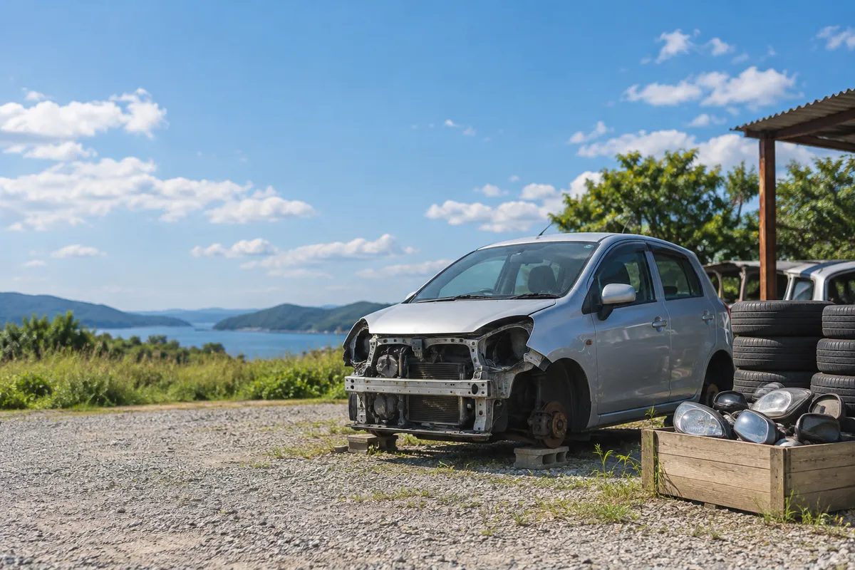 夏の日差しの下、解体場に置かれた廃車と整理された部品