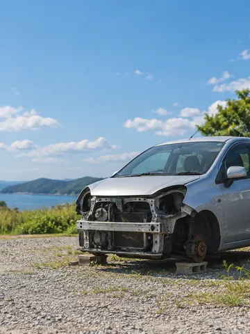 夏の日差しの下、解体場に置かれた廃車と整理された部品
