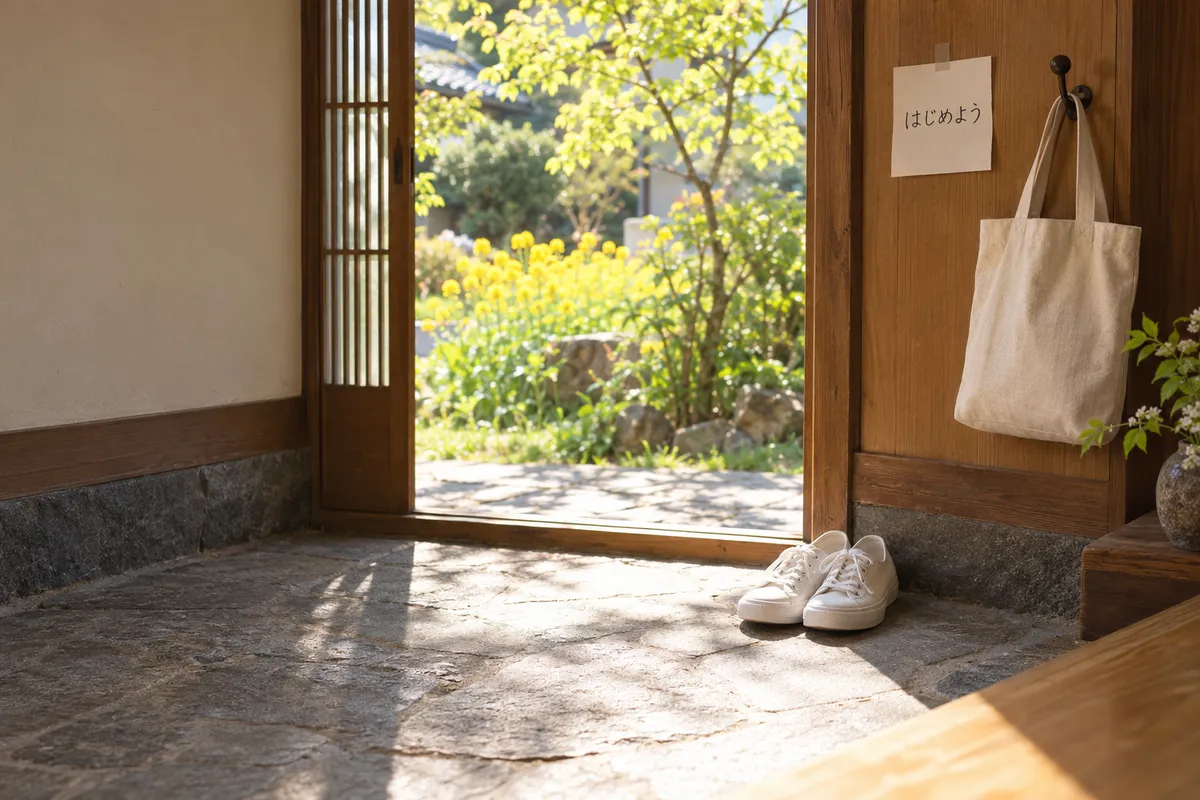玄関に並ぶ運動靴と「はじめよう」のメモ