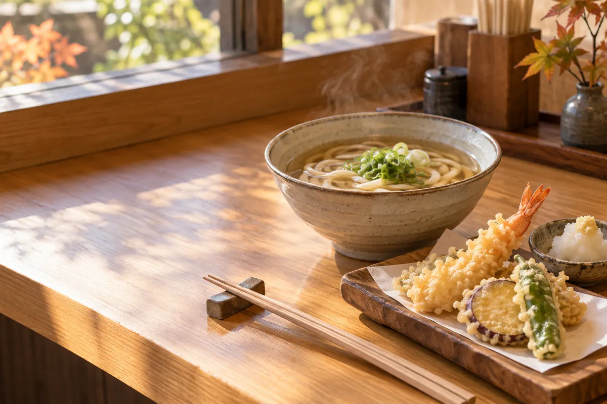 天ぷらと温かいうどんが並ぶ店のカウンター