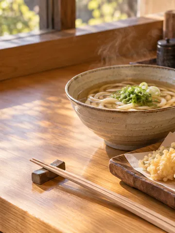 天ぷらと温かいうどんが並ぶ店のカウンター