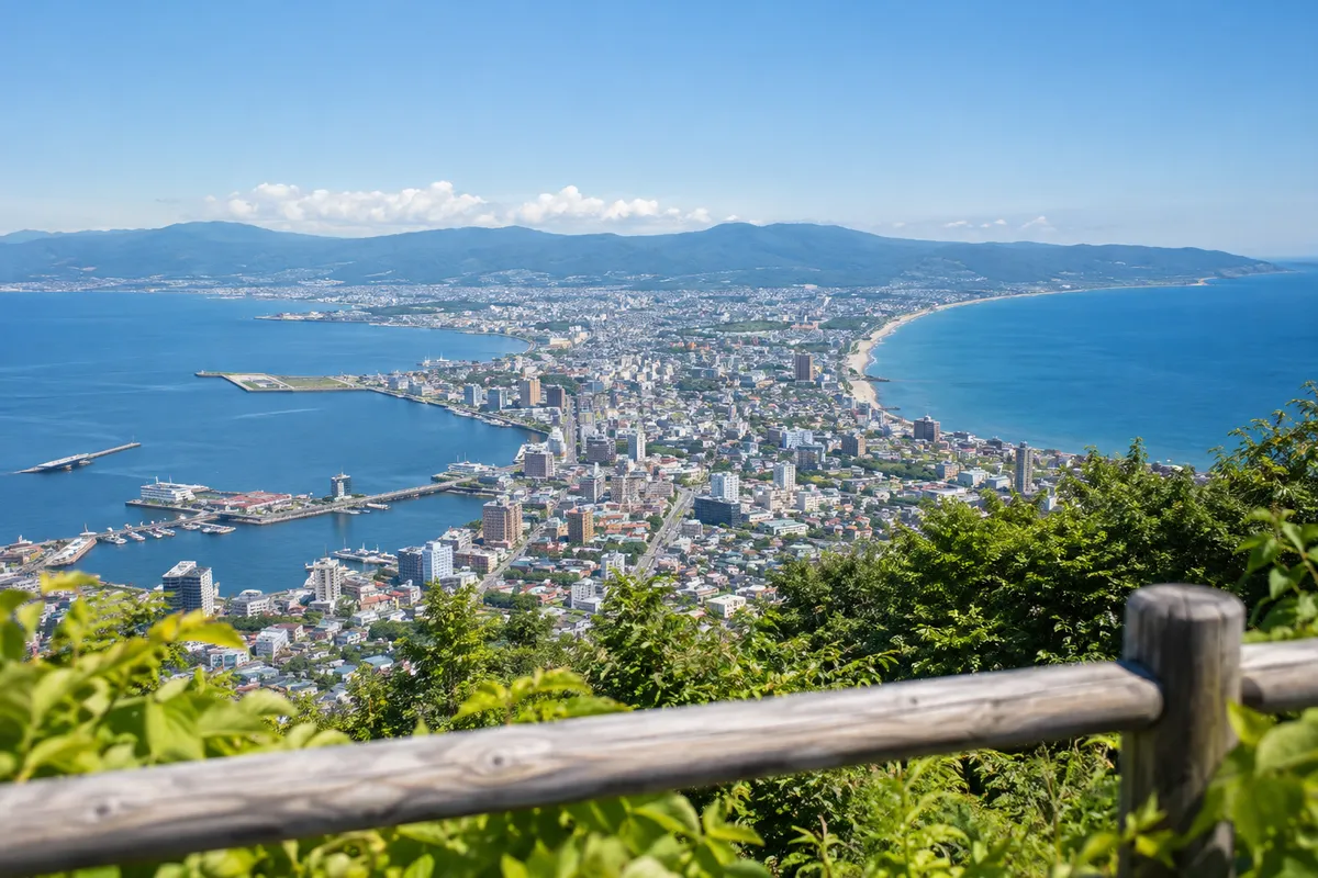 夏の昼に函館山から見下ろす、海に挟まれた函館の街