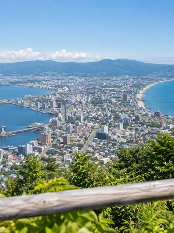 夏の昼に函館山から見下ろす、海に挟まれた函館の街