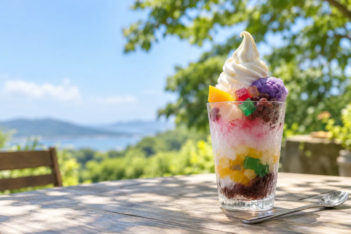 夏の日差しの下のハロハロのグラス