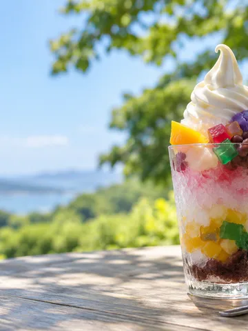 夏の日差しの下のハロハロのグラス