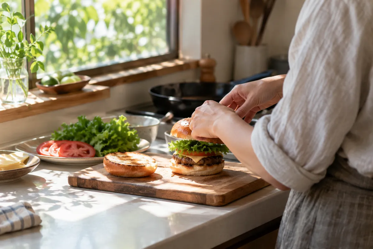 台所でハンバーガーを手作りする手元