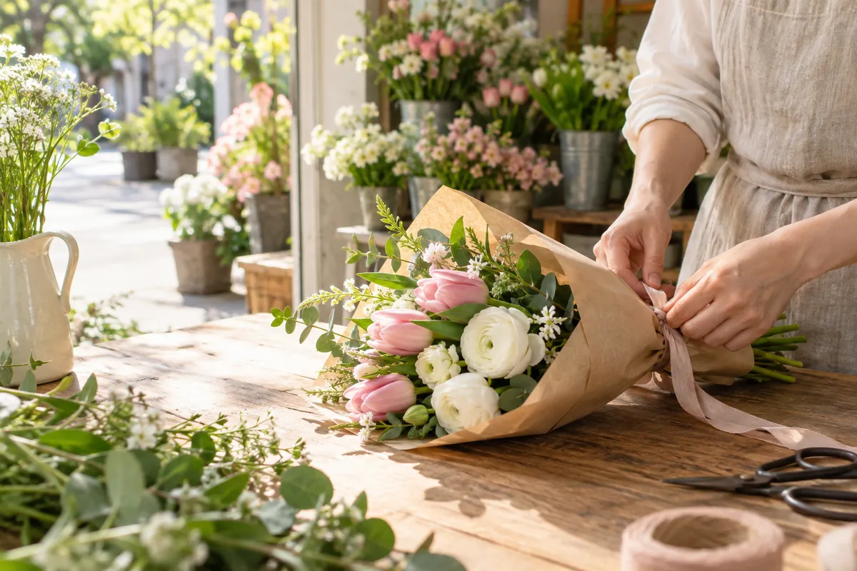 花店の店先で春の花束を結ぶ手元