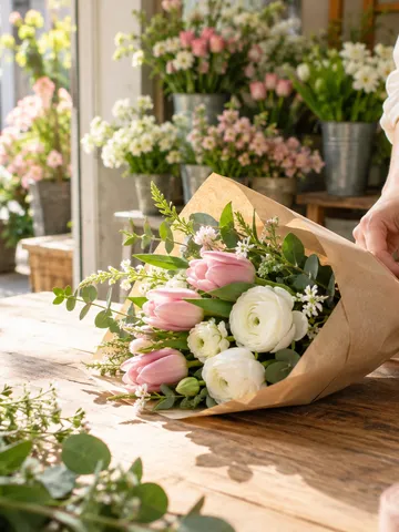 花店の店先で春の花束を結ぶ手元