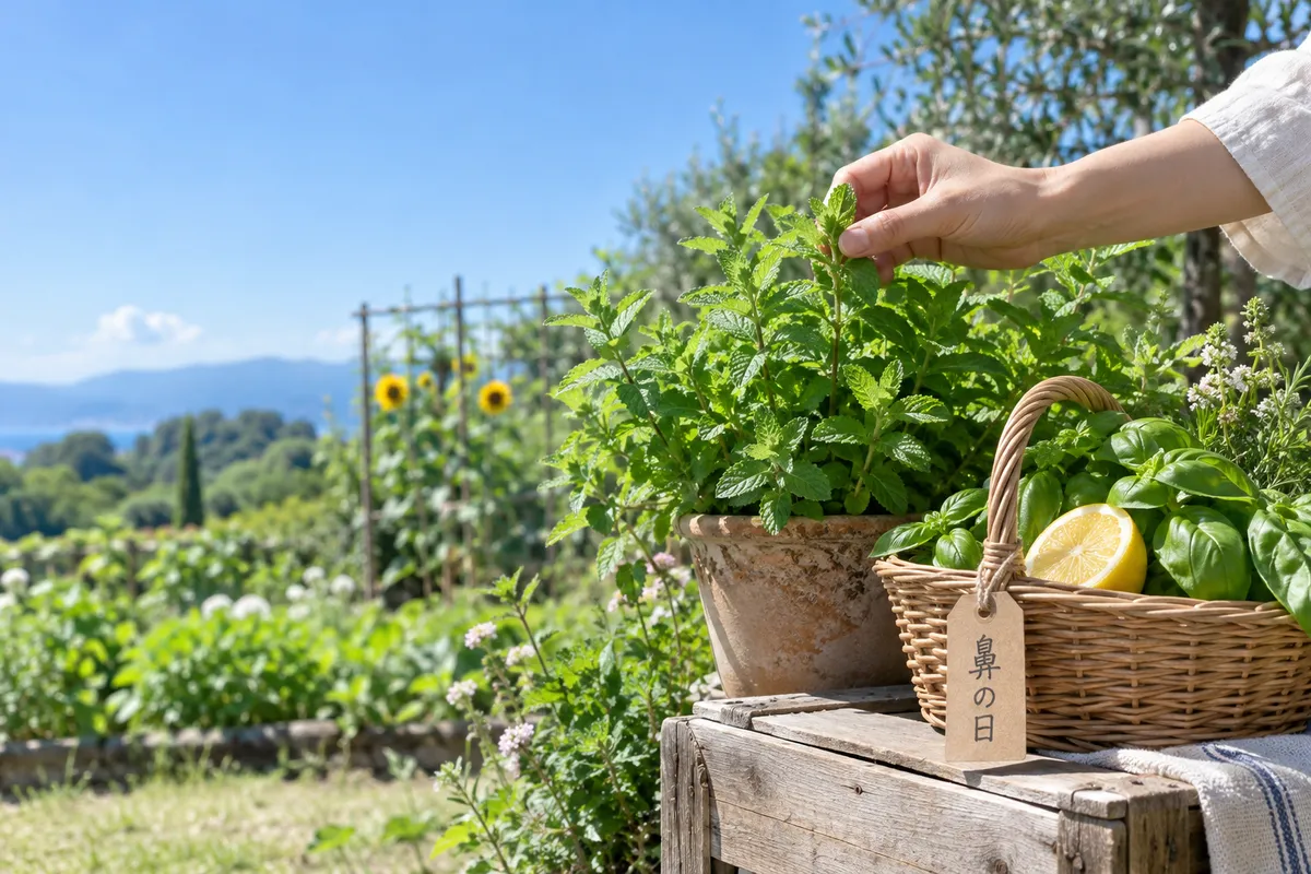 ハーブと「鼻の日」の札がある夏の庭のかご