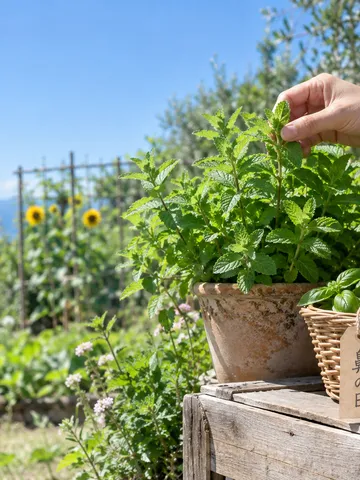 ハーブと「鼻の日」の札がある夏の庭のかご