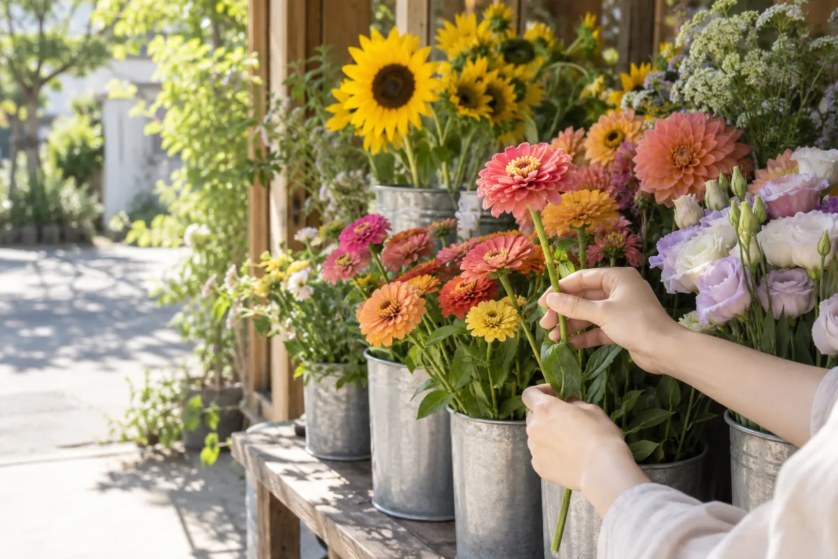 花店の店先で夏の花から一輪を選ぶ手元