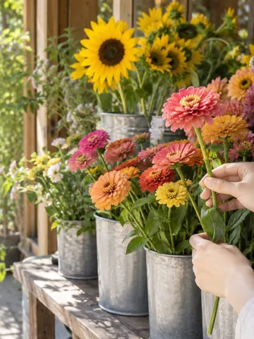 花店の店先で夏の花から一輪を選ぶ手元