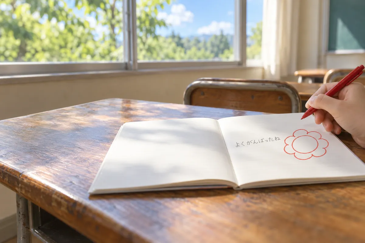 赤ペンのハナマルと手書きメモのあるノート