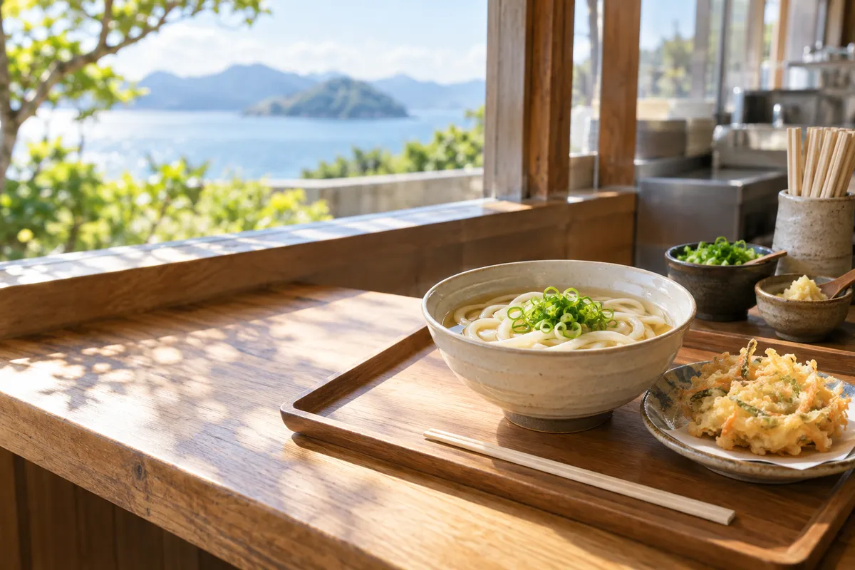 トレーに載った讃岐うどんと天ぷら