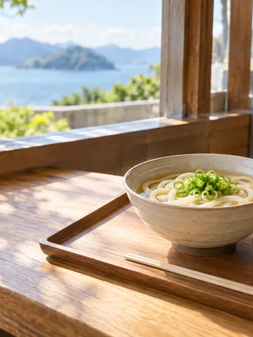 トレーに載った讃岐うどんと天ぷら