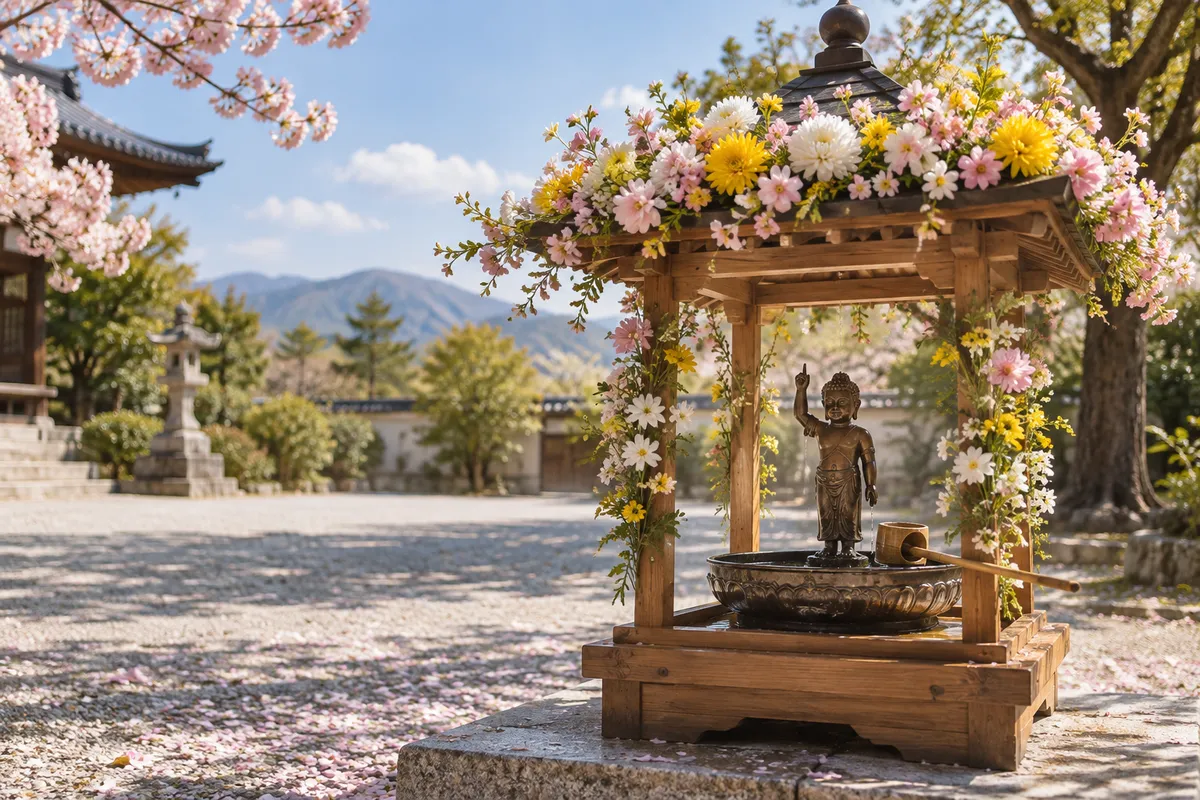 寺の境内に立つ花御堂と甘茶をかける誕生仏