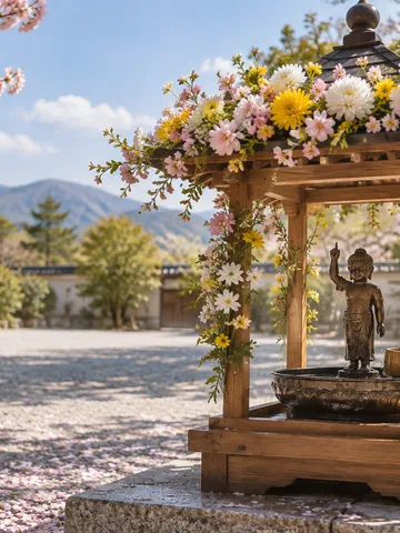 寺の境内に立つ花御堂と甘茶をかける誕生仏