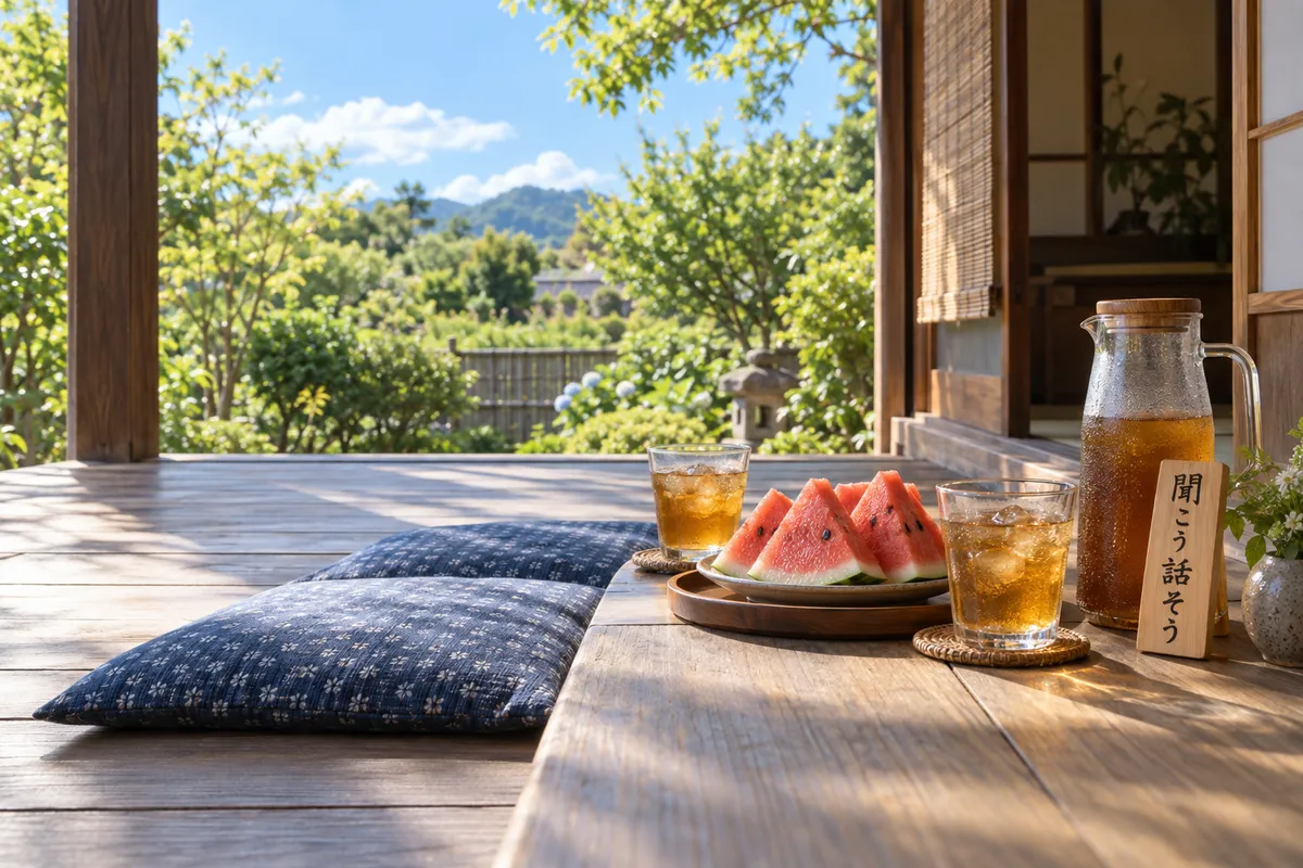 縁側に並ぶ麦茶と「聞こう話そう」の木札