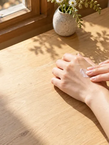 窓辺の日差しの中で手にクリームを塗る手元