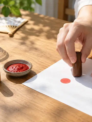 紙にはんこを押す手元と朱肉、木のはんこ