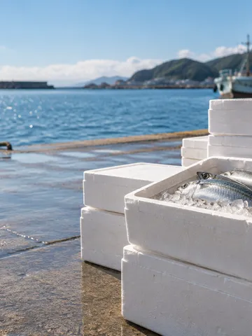 市場に積まれた氷と魚入りの白い発泡スチロール箱
