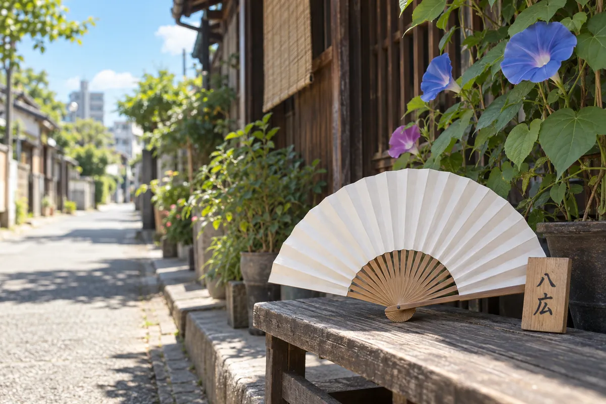 木のベンチに広げた扇子と「八広」の札