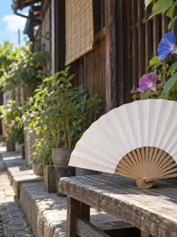 木のベンチに広げた扇子と「八広」の札