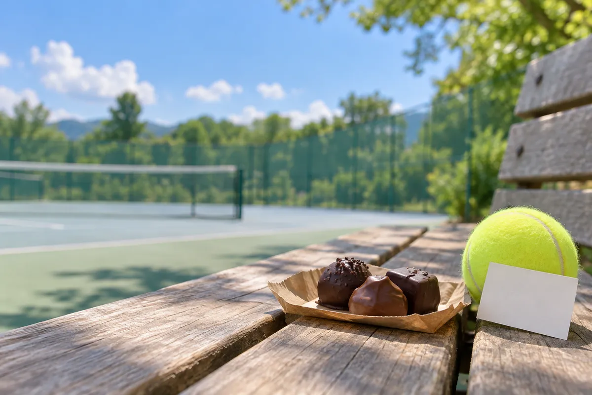 夏の日差しの下、ベンチのチョコとテニスボール