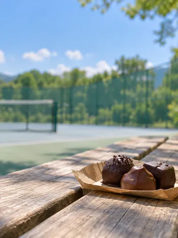 夏の日差しの下、ベンチのチョコとテニスボール