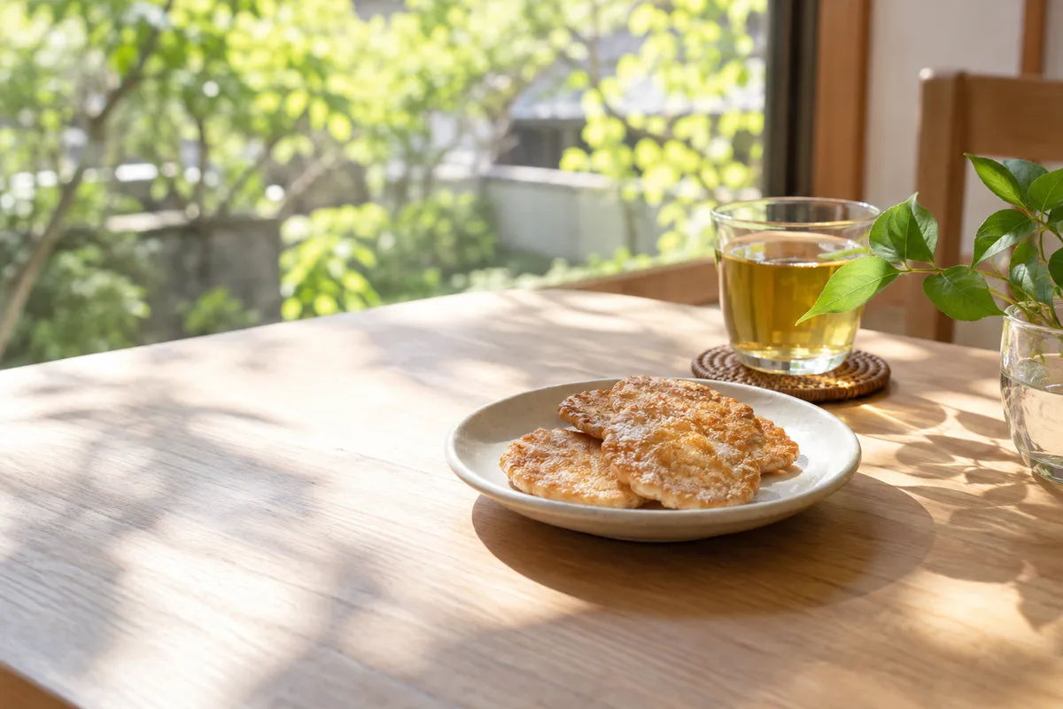 窓辺の木のテーブルに置かれた皿の上のお米のおせんべい