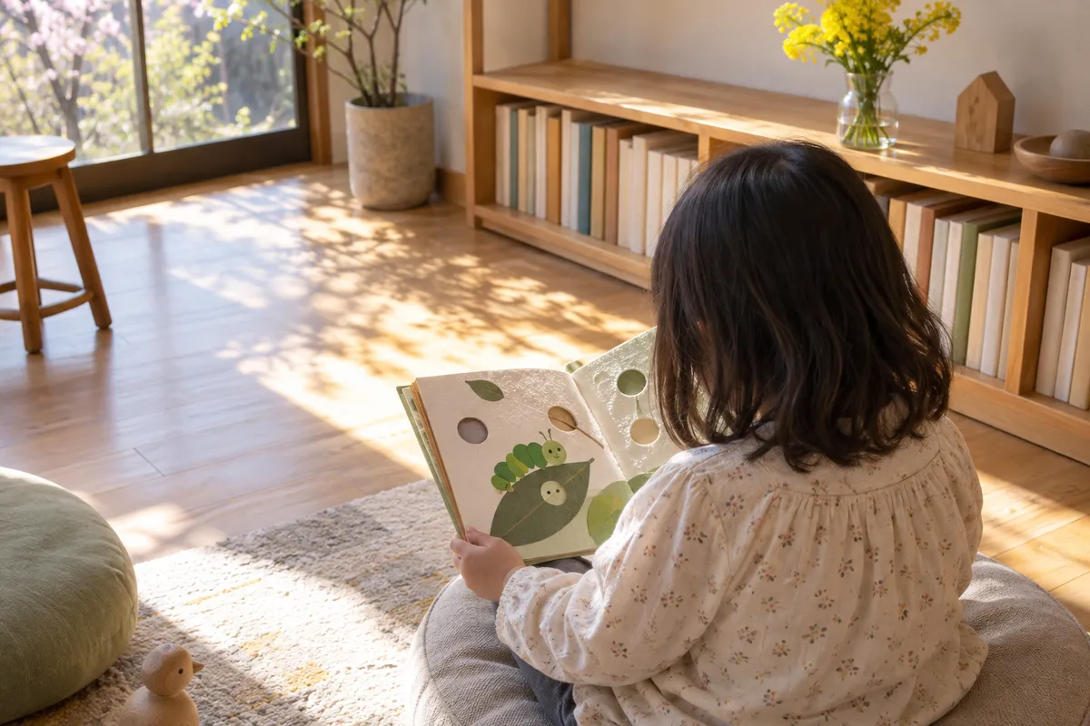 日だまりの読書コーナーで穴あき絵本を開く子の後ろ姿