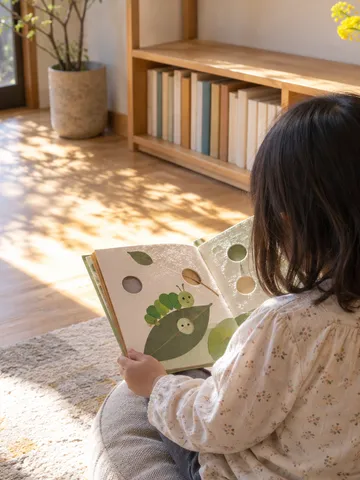 日だまりの読書コーナーで穴あき絵本を開く子の後ろ姿
