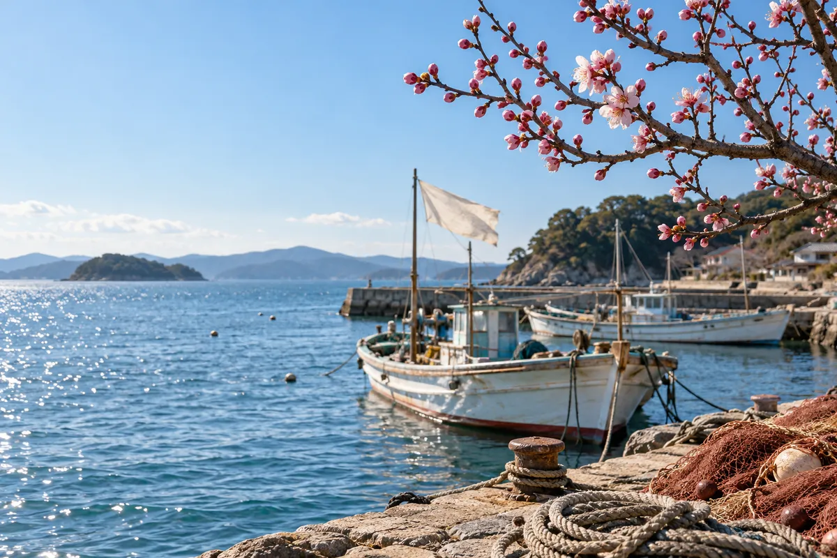 梅のつぼみと風にそよぐ布がある晴れた漁港