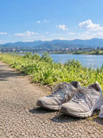 夏の昼の河川敷の道に置かれたランニングシューズ