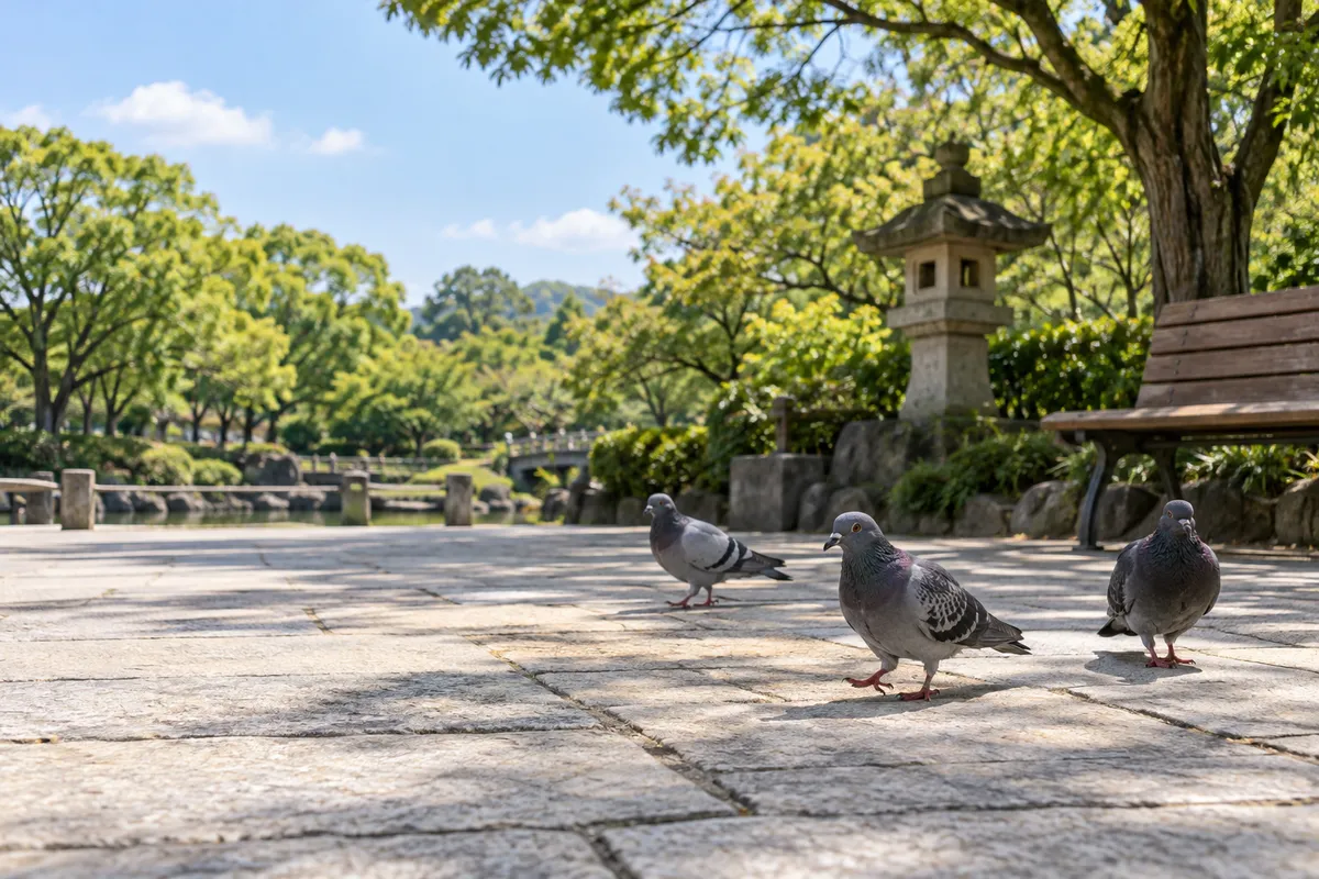 夏の公園の石畳を歩く数羽の鳩