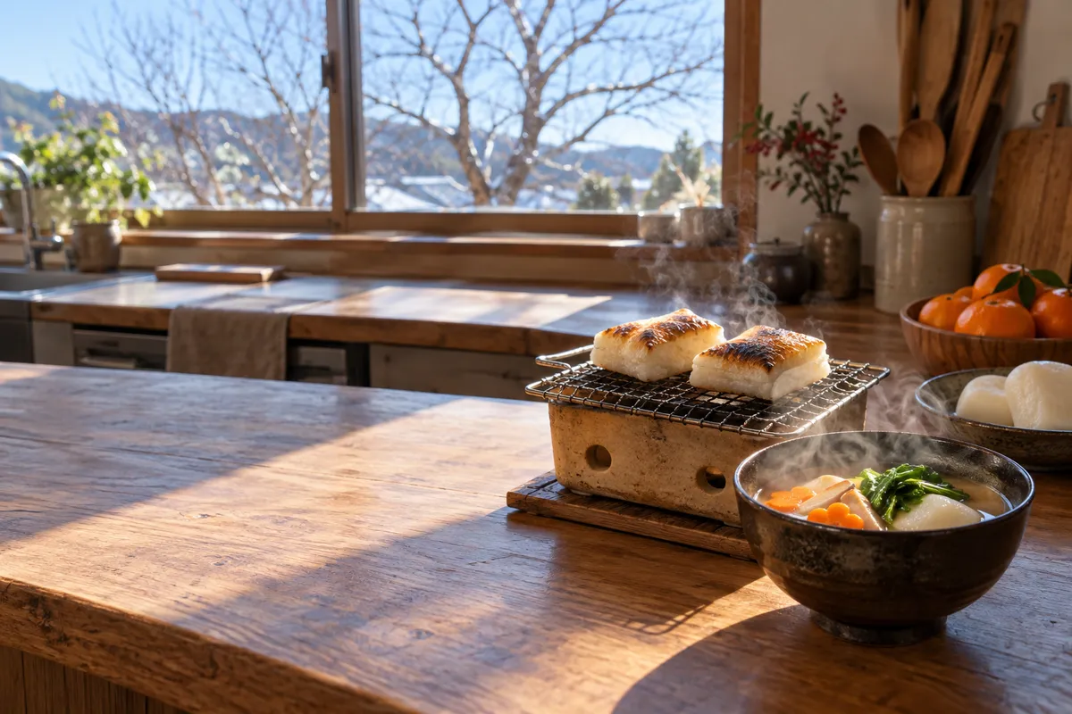 焼いた餅と雑煮、みかんが並ぶ冬の台所