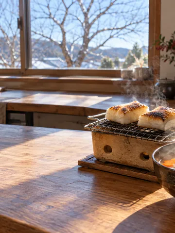 焼いた餅と雑煮、みかんが並ぶ冬の台所
