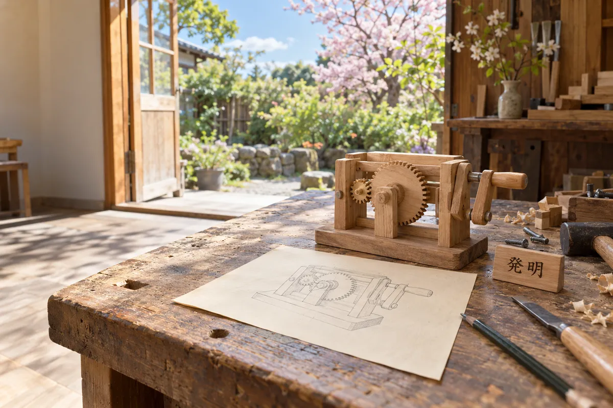 春の作業場の机にある木製の試作品と「発明」の札