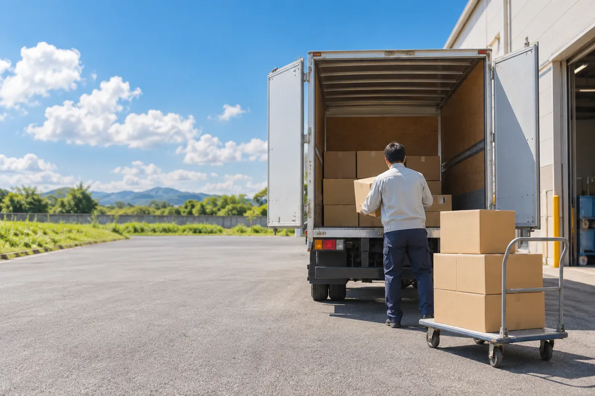 夏の昼、荷台を開けたトラックと積まれた段ボール箱