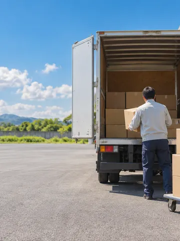 夏の昼、荷台を開けたトラックと積まれた段ボール箱