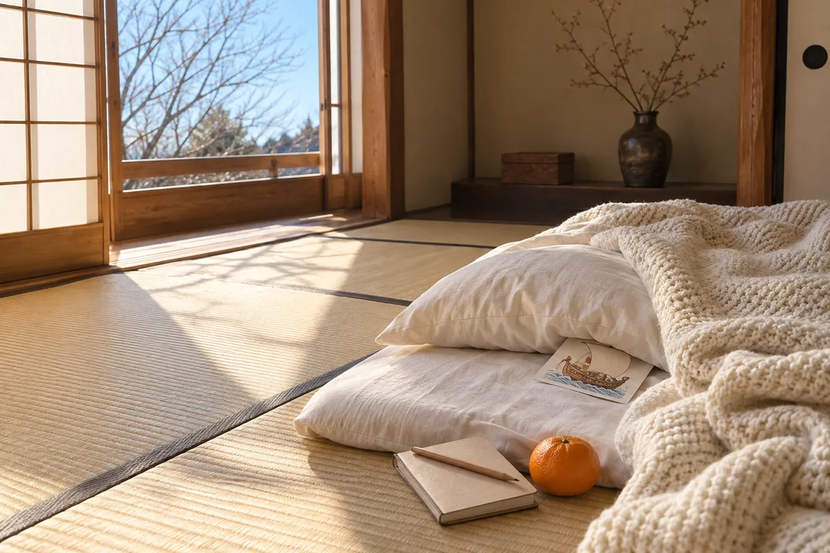 枕の下から宝船の絵がのぞく、日差しの入る和室の布団