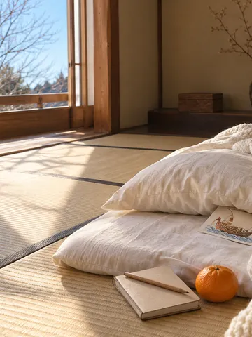 枕の下から宝船の絵がのぞく、日差しの入る和室の布団