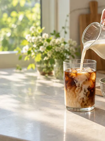 台所でほうじ茶に豆乳を注ぐ手元と抹茶ラテ、バナナ