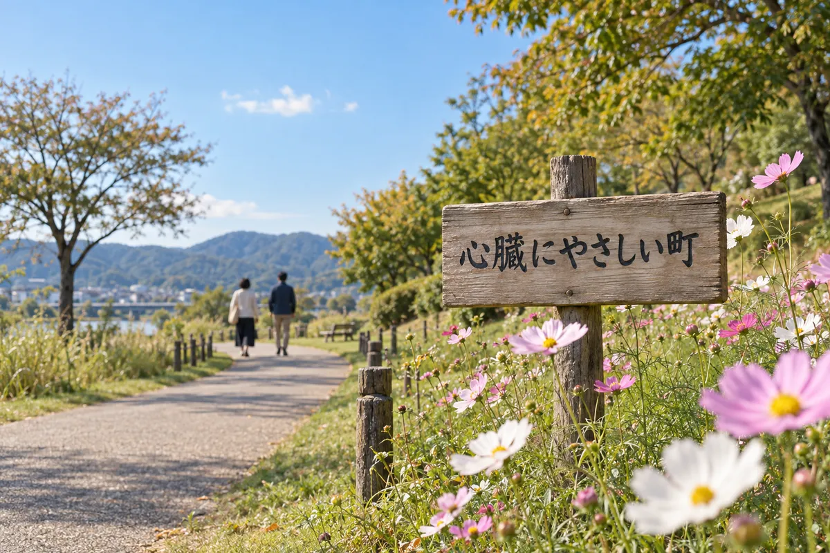公園の道に立つ「心臓にやさしい町」の木の札とコスモス