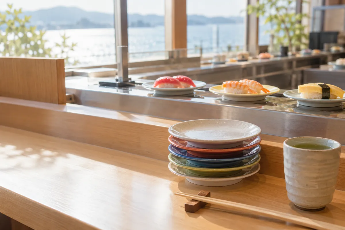 回転ずしのレーンを流れる寿司と重ねた皿