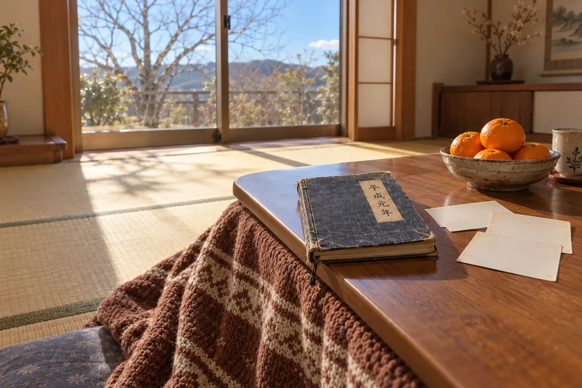 こたつの上の「平成元年」と書かれた古い手帳とみかん