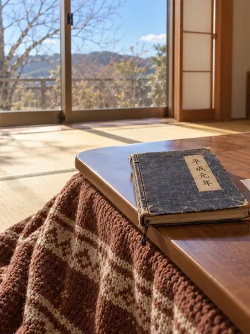 こたつの上の「平成元年」と書かれた古い手帳とみかん