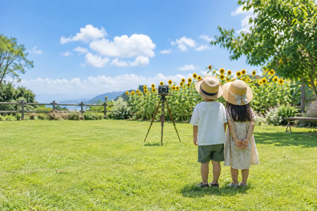 芝生の上で三脚のカメラに向かう帽子の子どもたちの後ろ姿