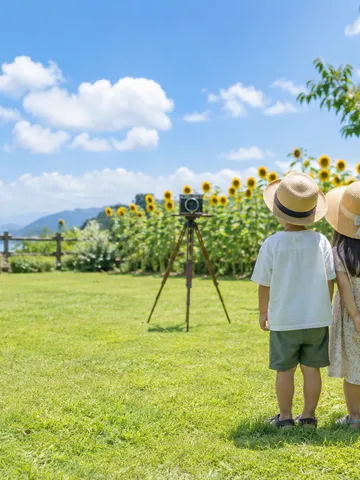 芝生の上で三脚のカメラに向かう帽子の子どもたちの後ろ姿